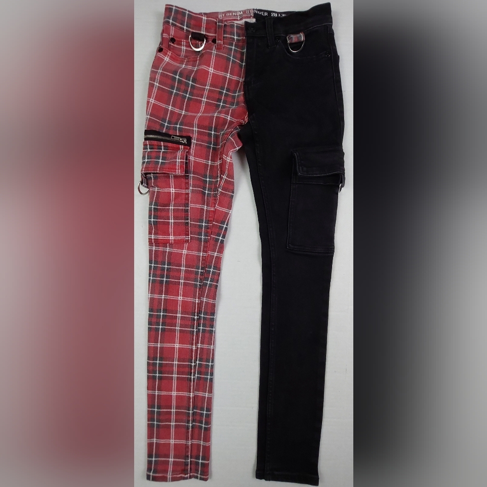 Hot Topic Stinger Pants Womens Size 28x30 Red Black Plaid Skinny Suspenders